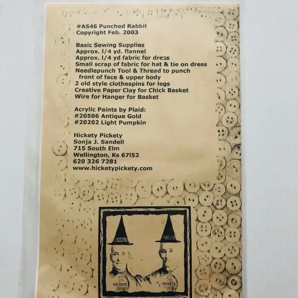 Hickety Pickety Sewing Pattern AS46 PUNCHED RABBIT Soft Doll Primitive Uncut